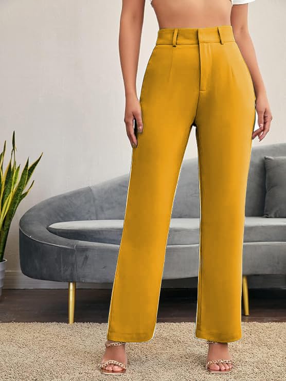 Image of Women's Poly Cotton Trousers Pants Relaxed Fit Boot Cut Ribbed Bell Bottom Trousers for Women