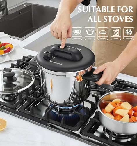Image of KOCH SYSTEME CS Stainless Steel Pressure Cooker 6.3 QT, Olla de Presion, Easy One-Press Lock, 3 PSI Settings Stovetop Pressure Cookers, Save 70% Time, Induction Compatible, Glass Lid & Steamer Rack