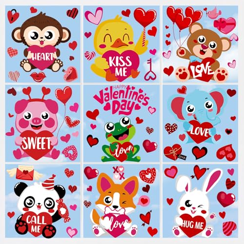 DULEFUN 9 Sheets Valentines Window Cling, Double-Sided Valentine's Day Animals Window Stickers Red Pink Love Heart Window Decals for Home School Birthday Wedding Glass Window Decor Party Favors