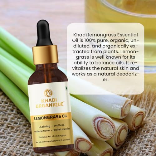 Image of Khadi Organique Lemongrass Essential Oil for Skin, Hair & Body | Pure & Natural Aromatherapy Oil for Acne, Pimples, Stress & Muscle Pain Relief | Refreshing & Moisturizing Massage Oil - 15 ml