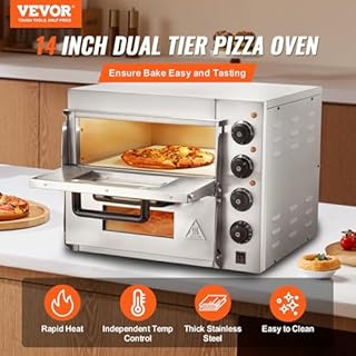VEVOR Four à Pizza Commercial Capacité 14 pouces, Four Électrique de Comptoir Double Étage, en Acier Inoxydable, avec Pierre et Poignée, Machine à Pizza d'Intérieur Polyvalente pour Restaurant Maison
