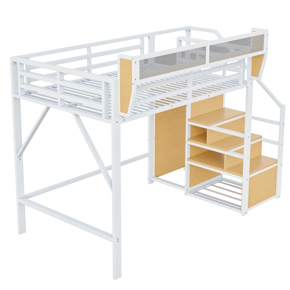 Cama alta de 140 x 200 cm con estructura de metal, cama de matrimonio de 140 x 200 cm con escalera de seguridad y compartimento contenedor flexible, cama para niños, sin colchón, color blanco