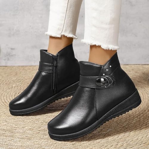 Women's Winter Boots Round Toe Arch Support Side Buckle Waterproof Ankle Booties Warm Fur Lined Faux Leather Combat Boots2