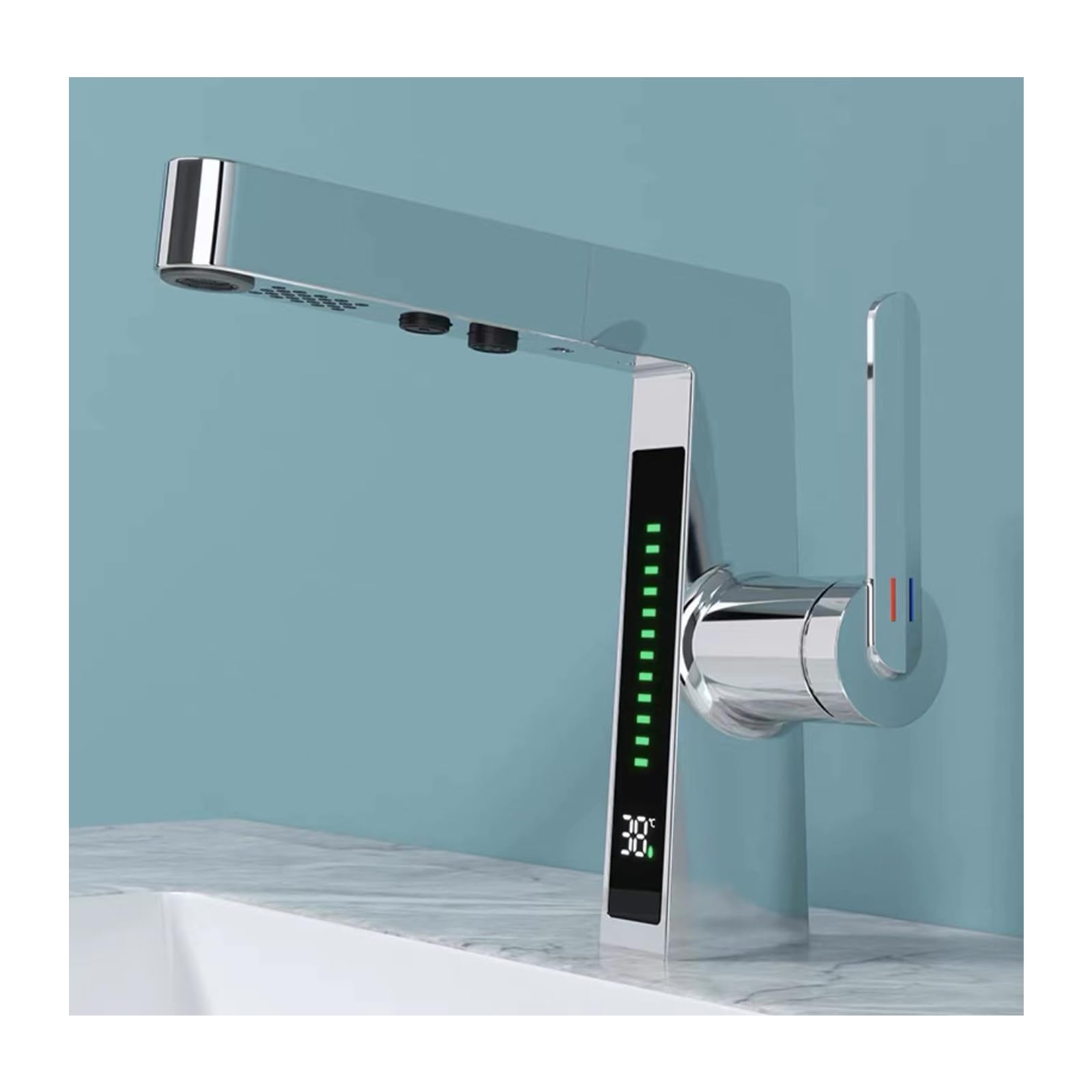 Bateria do umywalki LED, bateria łazienkowa z wyciąganą wylewką, cyfrowy wyświetlacz temperatury, mosiężna bateria umywalkowa z 2 trybami natrysku, pojedynczy uchwyt