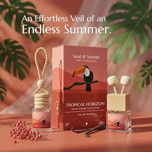 Image of Soul & Scents 16ml Luxury Car Perfumes Raspberry | Tropical Horizon | 2-in-1 Hanging Pod & AC Vent Air Freshener | Premium Wooden Car Fragrance Accessory | Long Lasting Odour Eliminator | Pack of 2