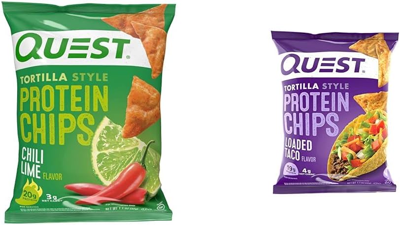 Quest Nutrition Tortilla Style Protein Chips, Chili Lime, Baked, 1.1 Oz, Pack of 12 & Tortilla Style Protein Chips, Loaded Taco, Low Carb, Gluten Free, Baked, 1.1 Ounce (Pack of 12)