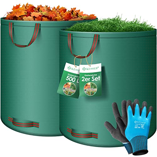 KESSER® Gartensack 2x 500L Set Laubsack Gartenabfallsack inkl. Handschuhe - Selbststehend 4 Griffe Stabil Robust & Faltbar - Laubsäcke Rasenschnitt Gartensäcke für Gartenabfälle Grünschnitt Grün