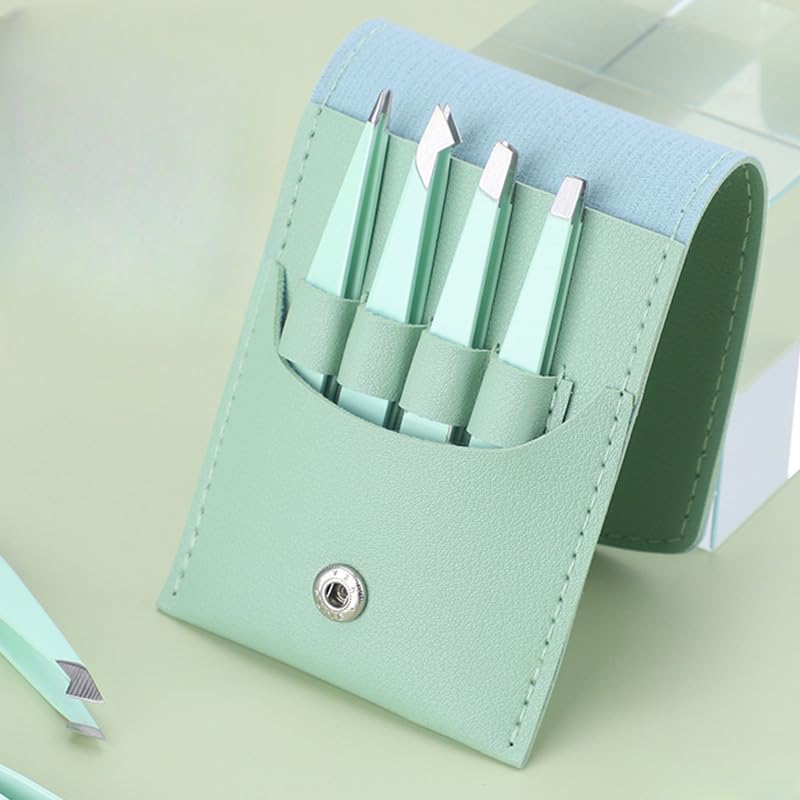 Conjunto de 4 pinças com estojo de couro, kit de pinças de sobrancelha de precisão, ponta