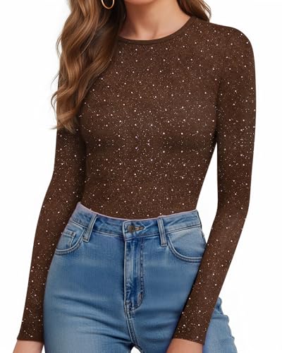Image of MANGOPOP Womens Bodysuit Long Sleeve Crew Neck Body suit for Women Ribbed Bodysuits Shirts