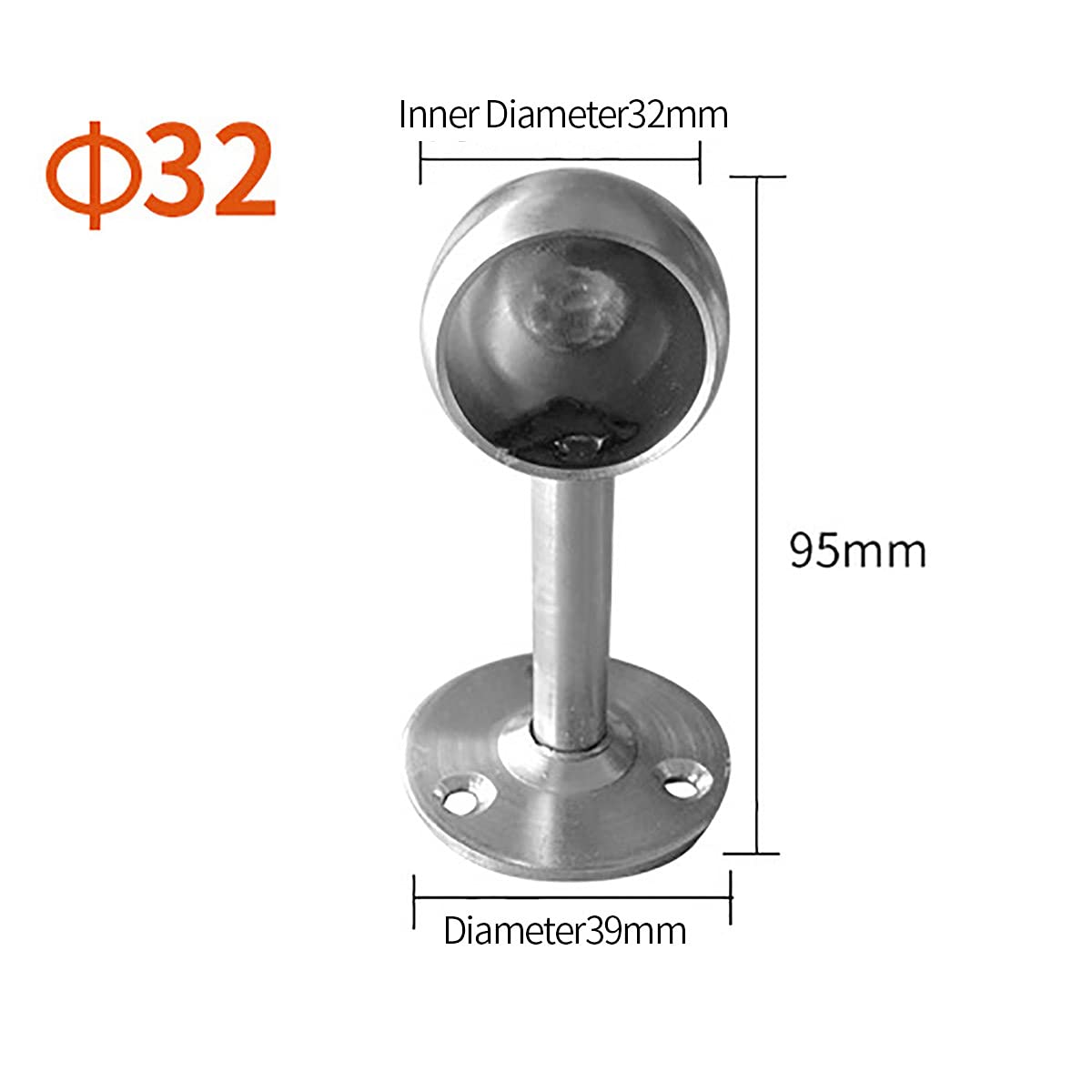 Unifizz Stainless Steel Curtain Rod Bracket 32mm Inner Diameter 95mm Length Ceiling Mount Rod Holder Closet Rod End Support Holder Pipe Flange Socket Half Passed Round Base Supports Socket Silver,2PCS - Image 2