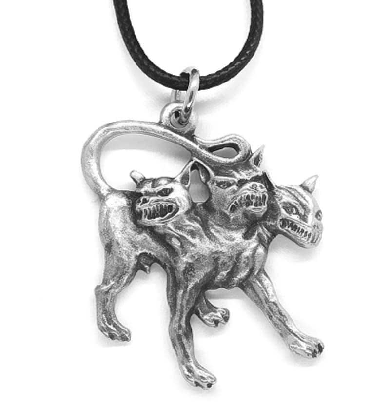 DH Pewter Cerberus Dog Pendant Necklace in a Grey Burlap Pouch