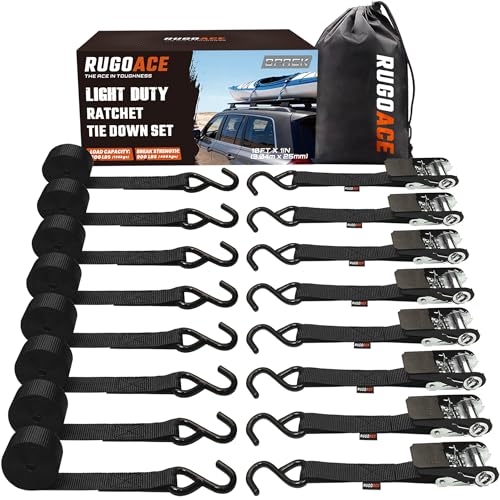 RUGOACE 8PK Ratchet Tie Down Straps 1 x 10ft 300lbs Load Capacity 900lbs Break Strength Durable for Moving Appliances Lawn Equipment Motorcycles Cargo Trucks Trailers & More (Black)