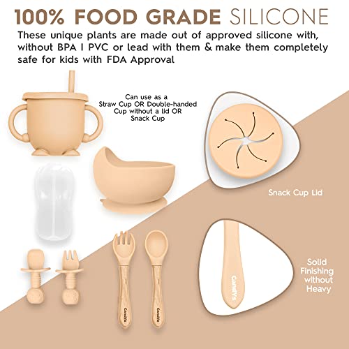 Silicone Baby Feeding Set–11Pcs Baby Feeding Supplies With Suction Bowls And Plates, Fork, Spoon, Bib, Sippy Cup, Food-Grade Silicone Baby Led Weaning Supplies Baby Utensils (Beige) #TOP4