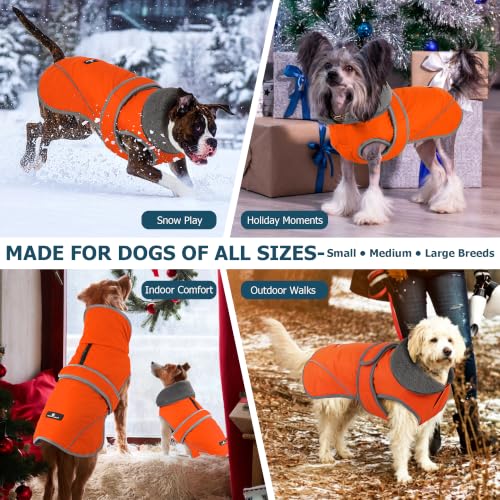Image of Dogcheer Dog Coat, Waterproof Dog Jacket Reflective Pet Winter Coat with Adjustable Hook & Loop, Christmas Puppy Fleece Jacket Warm Turtleneck Snowsuit for Small Medium Large Dogs - Orange, M