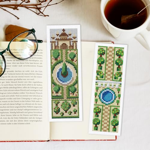 Image of INFUNLY 6PCS DIY Garden Cross Stitch Bookmark Kits 3x8.5inch Fountain Stamped Embroidery Page Marker Kits Plant Needlepoint Bookmark Kit with Pre-Printed Pattern for Book Lovers Readers