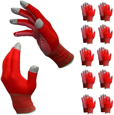 HANWOO SUPER TOUCH DOT WORK GLOVES RED Large, PVC DOT PATTERN - Work Gloves Individually Packed 10 Pairs,Cut Resistant,Grip Gloves for work, Yard Work, Outdoor, Gardening, Construction Gloves