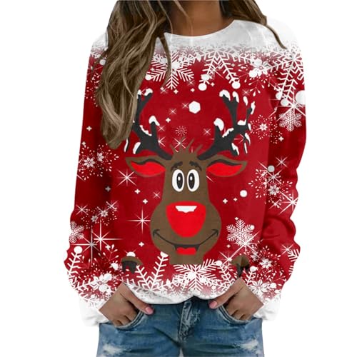 2024 Jersey de Natal para mulher, camisola de Natal, camisola de Natal, camisola de Natal para mulher, casaco de malha de Natal, gola redonda, t-shirt de manga comprida, design, Vermelho, XXL