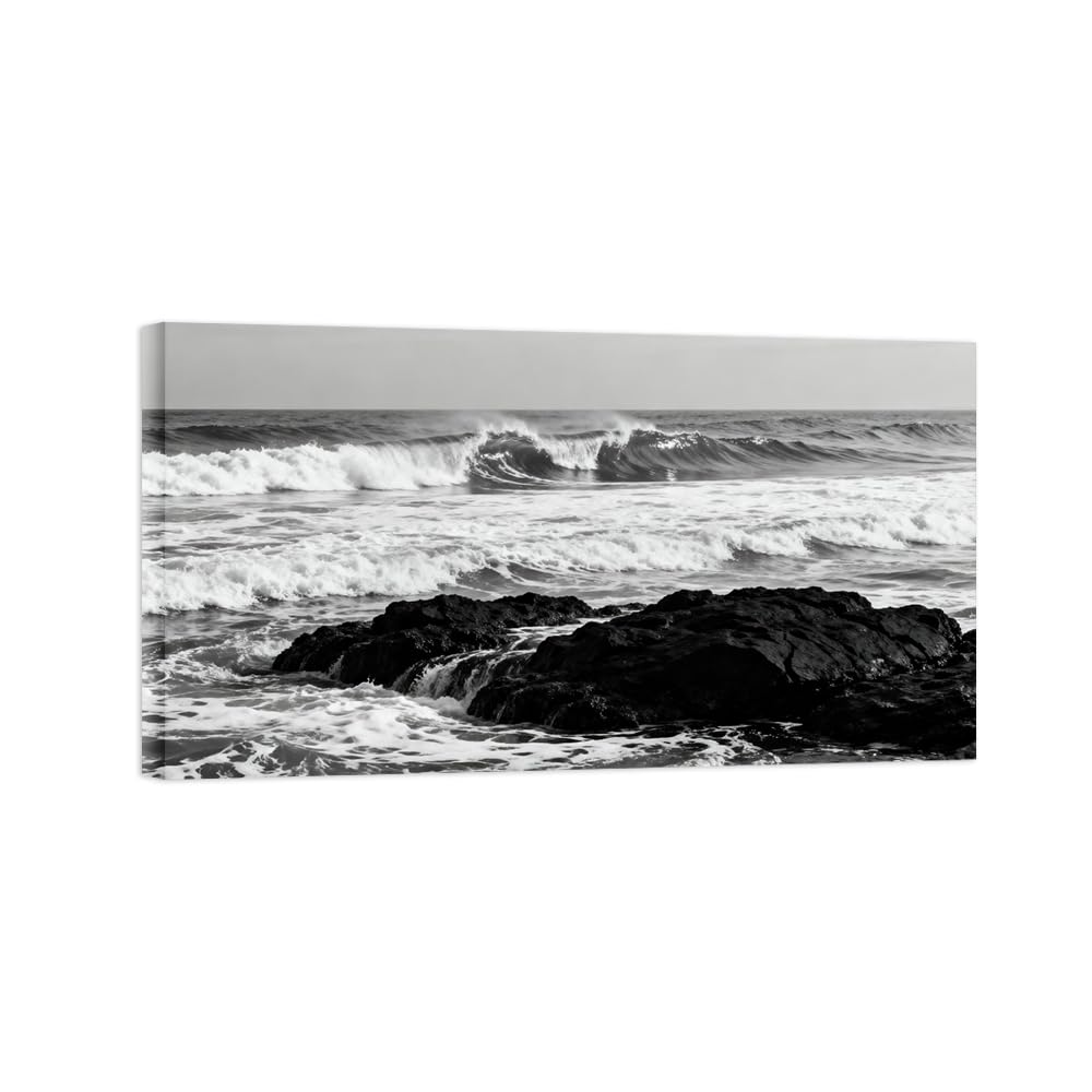 OZPWBVY Black and White Landscape Print Painting-Sea Waves-Minimalist Canvas Wall Art Picture for Home Ready to Hang 27x49in 70x125cm Wrapped Canvas