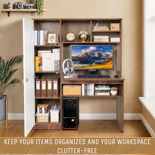 Image of ABOUT SPACE Study Table with Hutch & Cabinet - Computer Table with Top Bottom Storage DIY Engineered Wood Office Desk with Adjustable Shelves Cable Management (Walnut, White - L 119 x B 60 x H 153cm)
