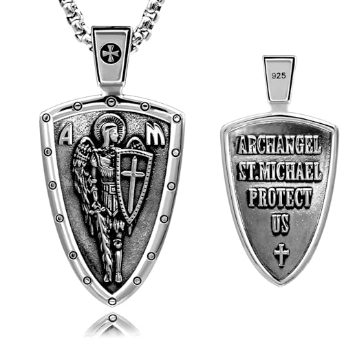VENICEBEE® Saint Michael Archangel Pendant Necklace 925 Sterling Silver Shield Medal Protect Us Prayer Angel Cross Sword Christian Sacramental Devotional + Velvet Pouch, Polishing Cloth, Gift Box