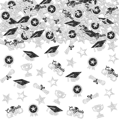 Image of Graduation Decorations 2026, Glitter Silver and Black Graduation Confetti - Pack of 300 | Graduation Hat, Star Confetti | Congrats Grad Confetti for 2026 Graduation Table Decorations, KatchOn