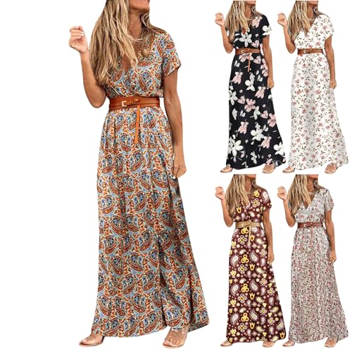 Skang Damen Sommerkleid Boho Elegant V-Ausschnitt Kurzarm Maxikleid Drucken Sommer Lang Kleid Strandkleid Böhmisch Blumenkleid Partykleid Freizeitkleid mit Gürtel