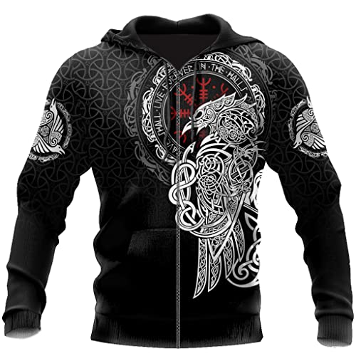 BBYaki Wikinger Tattoo Odin Raven Herren Hoodie, 3D Nordic Mythology Casual Sweatshirt Herbst Pullover Übergroße Jacke Vati Geschenk,Raven god Zip Hoodie,XL Cover