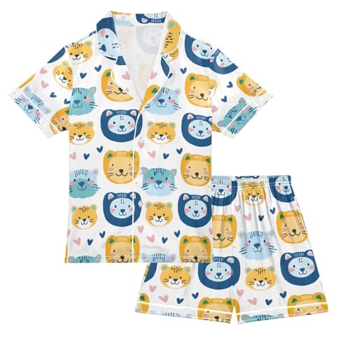 ALAZA Cute Lion Love Heart Pajamas Satin Pajama Set Short Sleeve Button Down Sleepwear