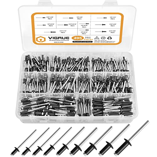 VIGRUE 495Pcs Black Assorted Aluminum Rivet Set, Pop Rivet Assortment Kit Blind Rivet for Metal W/Labeled Case 5/32' 1/8' 3/16'