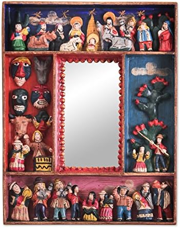 NOVICA Multicolor Carnaval Scene Folk Art Retablo Wood and Ceramic Wall Mounted Mirror, Little Carnaval'