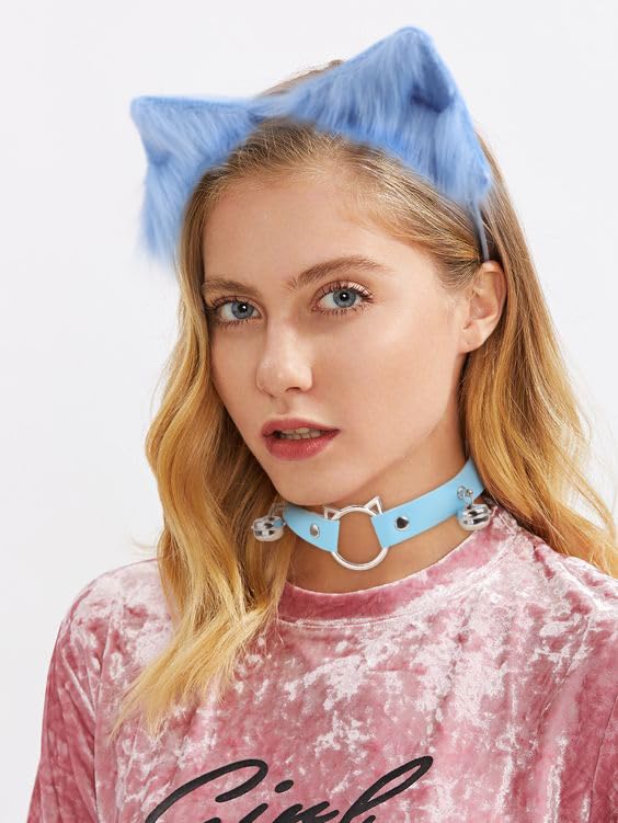 DRESHOW Fox Faux Fur Tail Cat Ears Headband Halloween Party Costume Neck choker Cosplay Set for Women, Faux Tail Set-17 Blue & White - Image 4