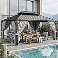 IRONCK 16'x12' Hardtop Gazebo, Update Aluminum Frame Gazebo with Galvanized Steel Double Roof, Outdoor Pergola with Curtain and Net, Backyard Canopy for Garden, Deck, Gray and Black