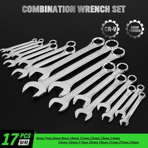 Image of 30-Piece Combination Wrench Set, Metric (6mm-24mm) & SAE (1''-1 /4 inch), Standard Spanner Wrench Set, Mechanic Tool Sets with Rolling Pouch, Open End Wrenches for Household, Garage, Workshop, Auto Repairs