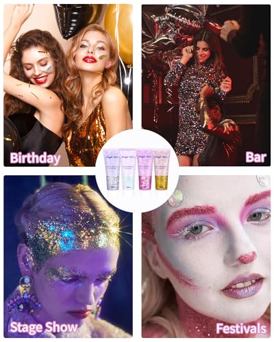 TIDEVAN 4 Stück Body Glitter Gel 50ml Make Up Glitzer Chunky Glitter Liquid Glitzer Gesicht Festival Glitzer Gesicht, Glitzer Flüssiger für Gesicht Haare Lippen Nägel Make Up Kosmetik Festival Party