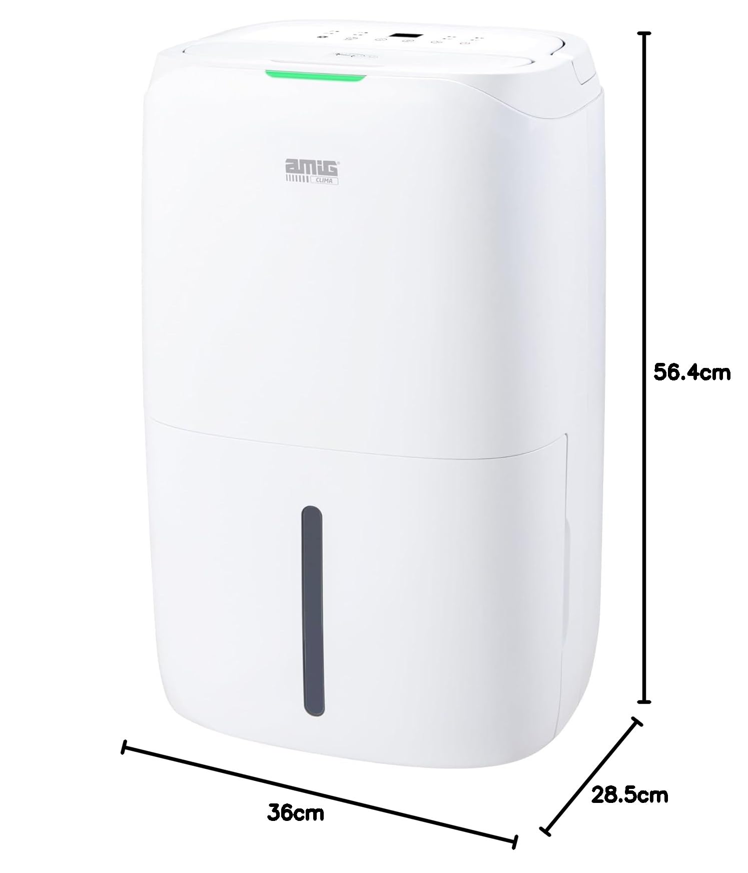 Amig Osuszacz MIST - Pojemność 16 l/dzień - Regulacja wilgotności i timer - Zdejmowany zbiornik na wodę 5,5L - 36x28x56 cm - 210W - Pokrycie 150m³/h - Cichy 39 dB - Suszenie w suszarce