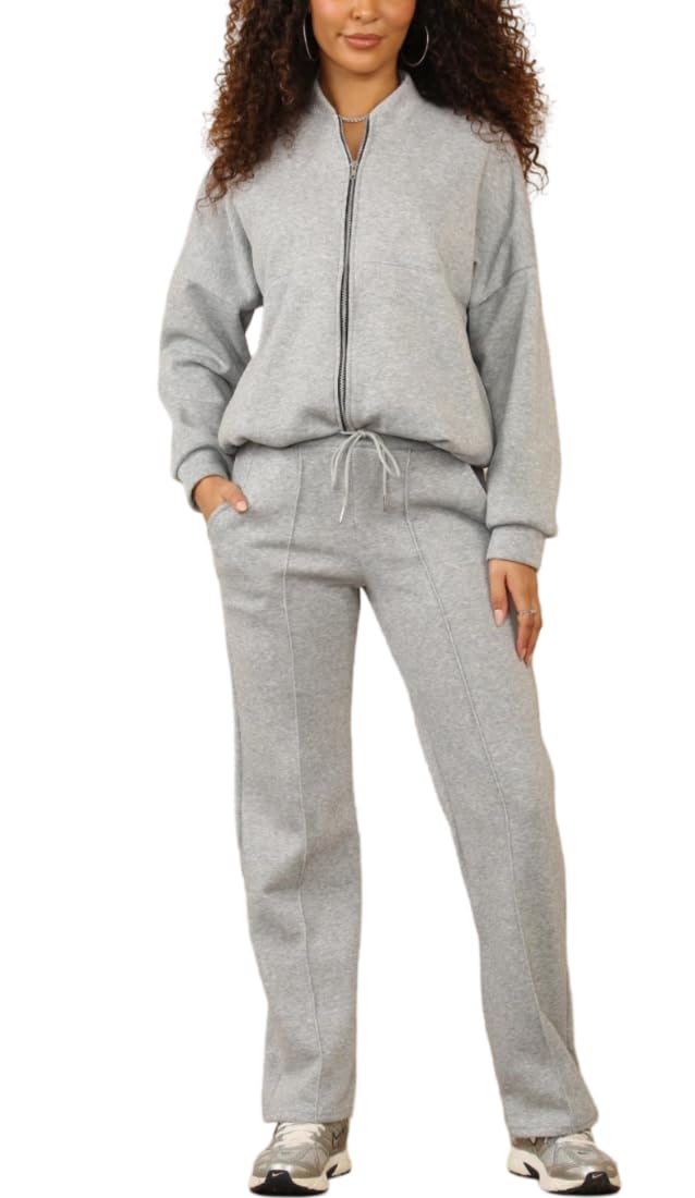 FAIRY TRENDZ Womens Fleece Loungewear Bomber Zipper Jacket Tracksuit Ladies Long Sleeve 2piece Lightweight Tops And Trouser Set