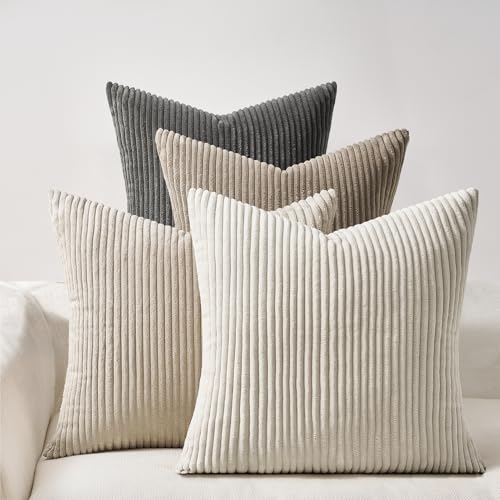 Image of Topfinel 4 Packs Natural Decorative Throw Pillows Covers 22x22 Inch for Living Room Couch Bed Sofa, Rustic Farmhouse Boho Neutral Home Decor, Soft Plush Striped Corduroy Square Cushion Case 40x40 cm