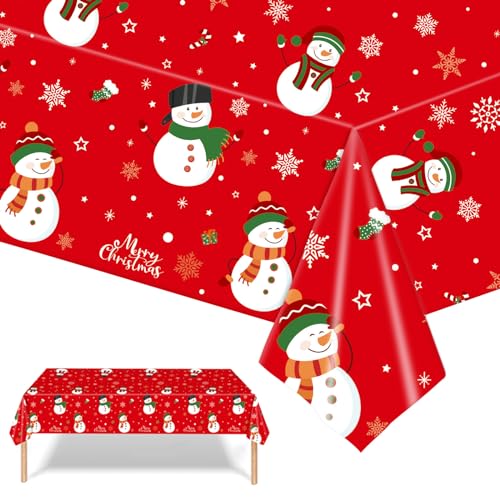 Mienocol 2PCS Christmas Tablecloth,137*274cm Large Red Snowman Xmas Party Table Cover,Disposable Rectangle Christmas Plastic Table Cloth for Christmas Party,Winter Holiday,Christmas Table Decorations
