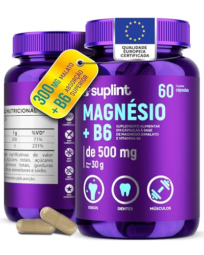 Dimalato de Magnésio 500 MG e Vitamina B6 | Suporte Muscular, Nervoso e Metabólico | Suplemento Vitaminico de Alívio de Estresse | Sem Glúten, Não Transgênico | Desenvolvido na Holanda | 60 Cápsulas