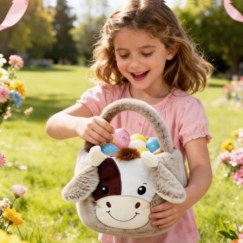 Image of Easter Basket, Cute Cow Plush Baskets, Easter Egg Hunt Buckets, Easter Decorations Indoor Outdoor, Cute Easter Gifts for Kids, Adults, Teens, Toddlers, Girls