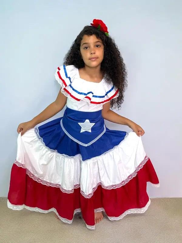 Puerto Rican Traditional Dress for Girls with Flag & Star Belt4