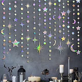 Iridescent Star Moon Circle Dot Garland Party Decoration Kit Hanging Crescent and Twinkle Little Star Streamer Bunting Banner for Kids First Birthday Ramadan EID Mubarak Baby Shower Wedding Decor