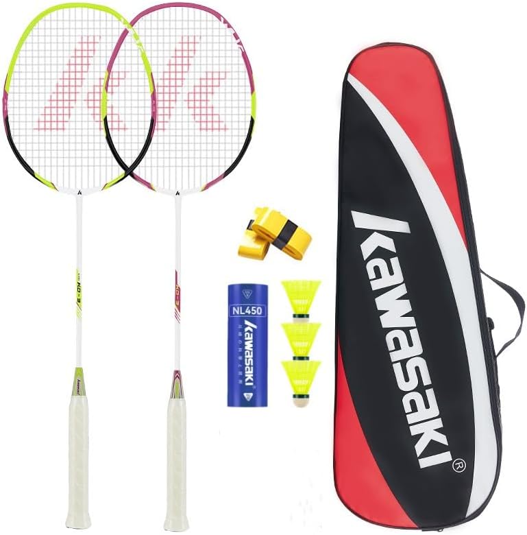 Kawasaki Badminton Rackets, Professional Graphite Shaft Badminton Set of 2 for Backyard, with 2 Lightweight Carbon Badminton Racquets/3 Badminton Shuttlecocks/2 Racquet Overgrips/1 Carry Bag