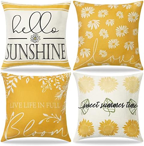 Dremisland Hello Sunshine Cushion Covers 18x18 Set of 4 Bloom Daisy Decorative Pillow Covers Farmhouse Sunflower Yellow Linen Pillowcases for Sofa Couch Indoor Outdoor Home Decor