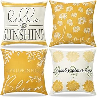 Dremisland Hello Sunshine Cushion Covers 18x18 Set of 4 Bloom Daisy Decorative Pillow Covers Farmhouse Sunflower Yellow Linen Pillowcases for Sofa Couch Indoor Outdoor Home Decor
