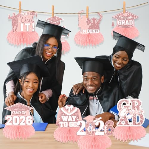 Image of 12pcs Graduation Table Decorations 2026,Pink Rose Gold Graduation Decorations Graduation Centerpieces for Tables Class of 2026 Centerpieces Honeycomb for 2026 Congrats Grad Table Decor (Pink)