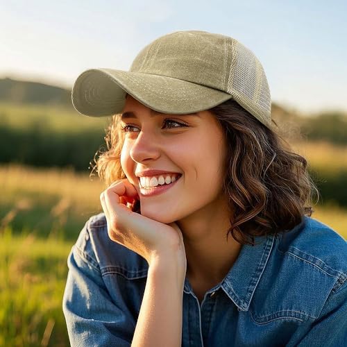 Image of Croogo Men's Adjustable Mesh Back Cap Curved Bill Snapback Mesh Baseball Cap Retro Washed Trucker Cap Breathable Sun Hat