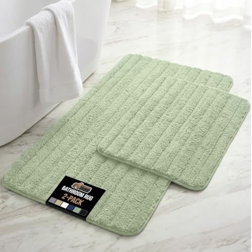 Image of GORILLA GRIP Memory Foam Bathroom Rugs, Soft Absorbent Textured Rubber Backing Striped Bath Mat, Set of 2 Machine Washable Quick Dry Floor Mats, Shower Rugs Home Accessories, Sage 24x16 and 30x18