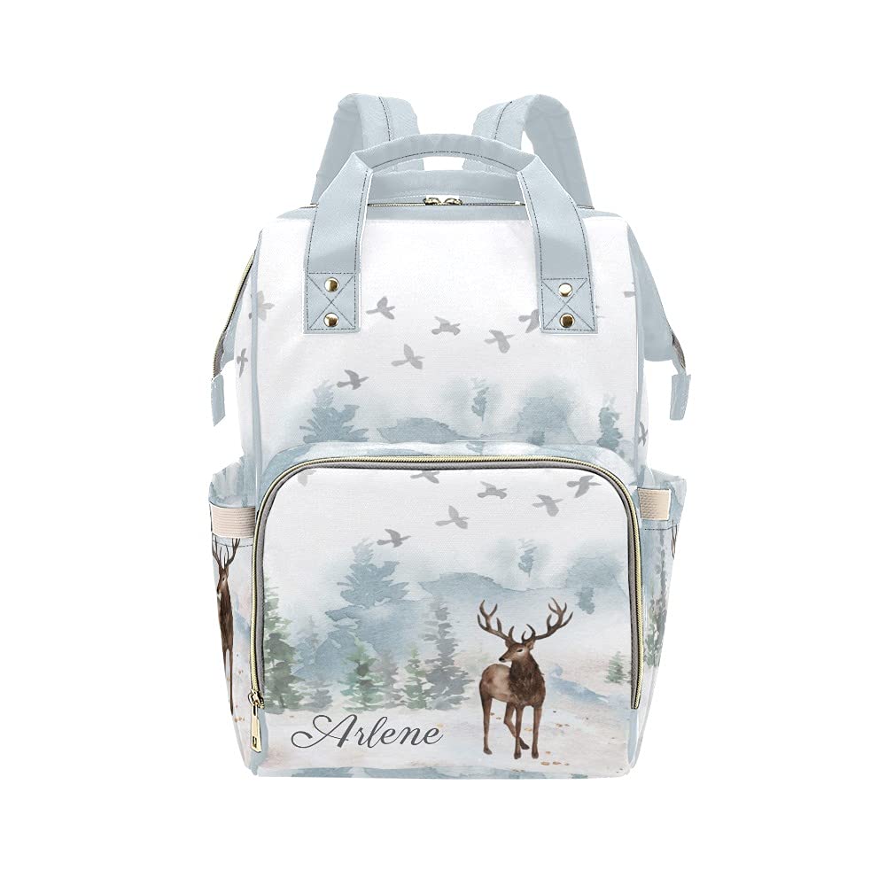 Deer Forest Watercolor Multi-Function Personalized Diaper Bag Backpack Tote with Name,Custom Travel Nappy Mommy Bag Backpack for Baby Girl Boy Gift,10.83inch x 6.69inchx 15inch