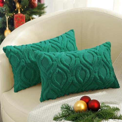 Image of decorUhome Faux Fur Plush Soft Green Throw Pillow Covers 12x20 Set of 2 | Plush Solid Fall Couch Pillow Covers, Accent Modern Farmhouse Neutral Decorative Square Pillow Cases for Sofa Bed Living Room